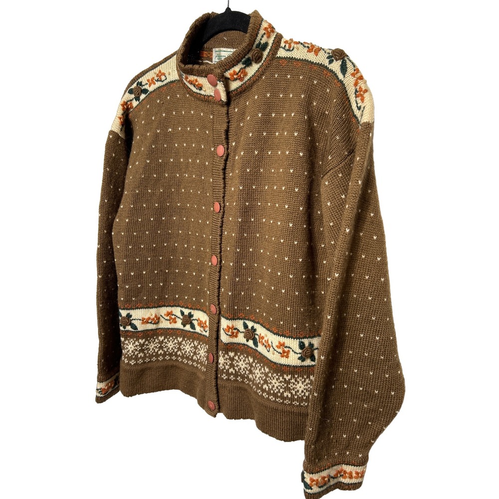 VTG Alison Craig Knitwear 100% Wool Floral Cardigan Sweater Brown Size 2/M